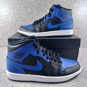 Nike Air Jordan 1 Mid Black Hyper Royal Blue Toe Sneakers Shoes
